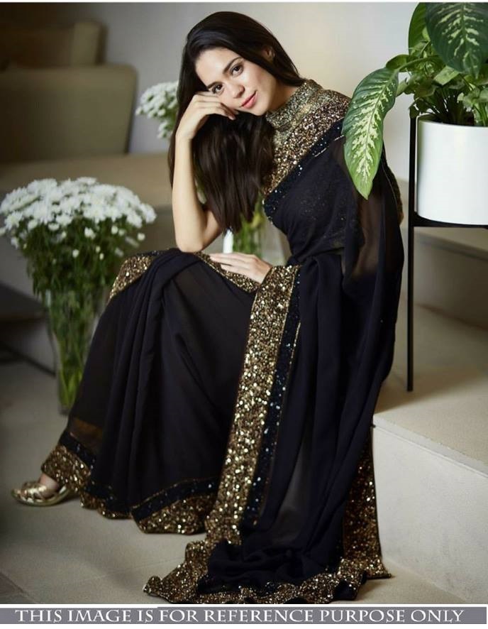 Buy Bollywood model Black georgette sequins saree in UK, USA and Canada