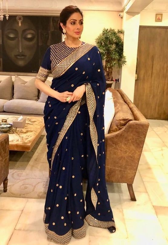 Buy Bollywood style Sridevi Kapoor Navy blue georgette saree in UK, USA and Canada