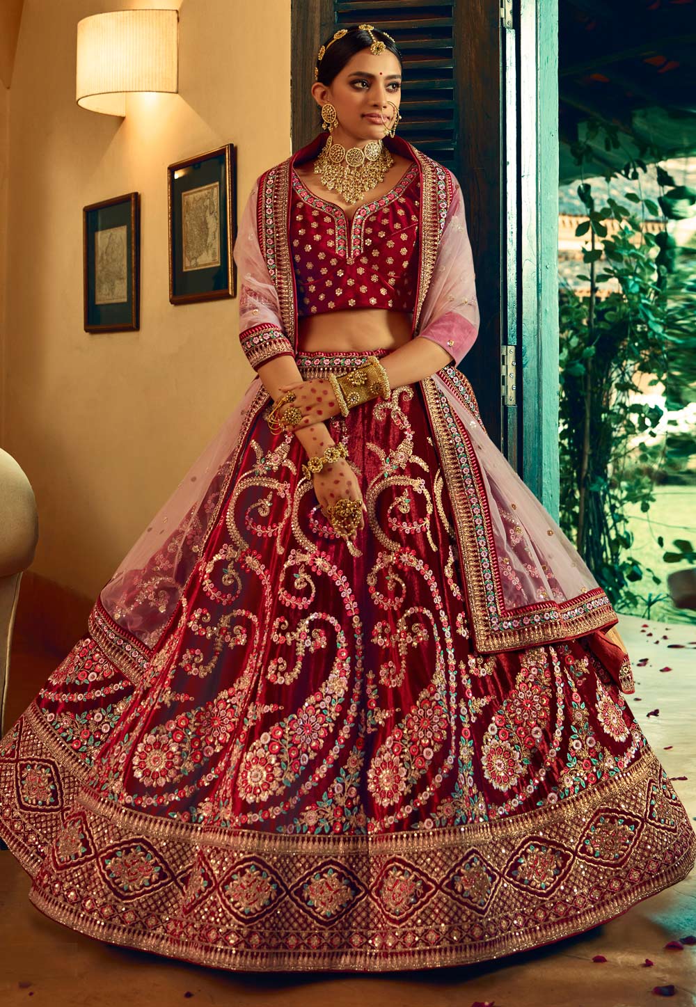 Bridal lehenga deals maroon velvet