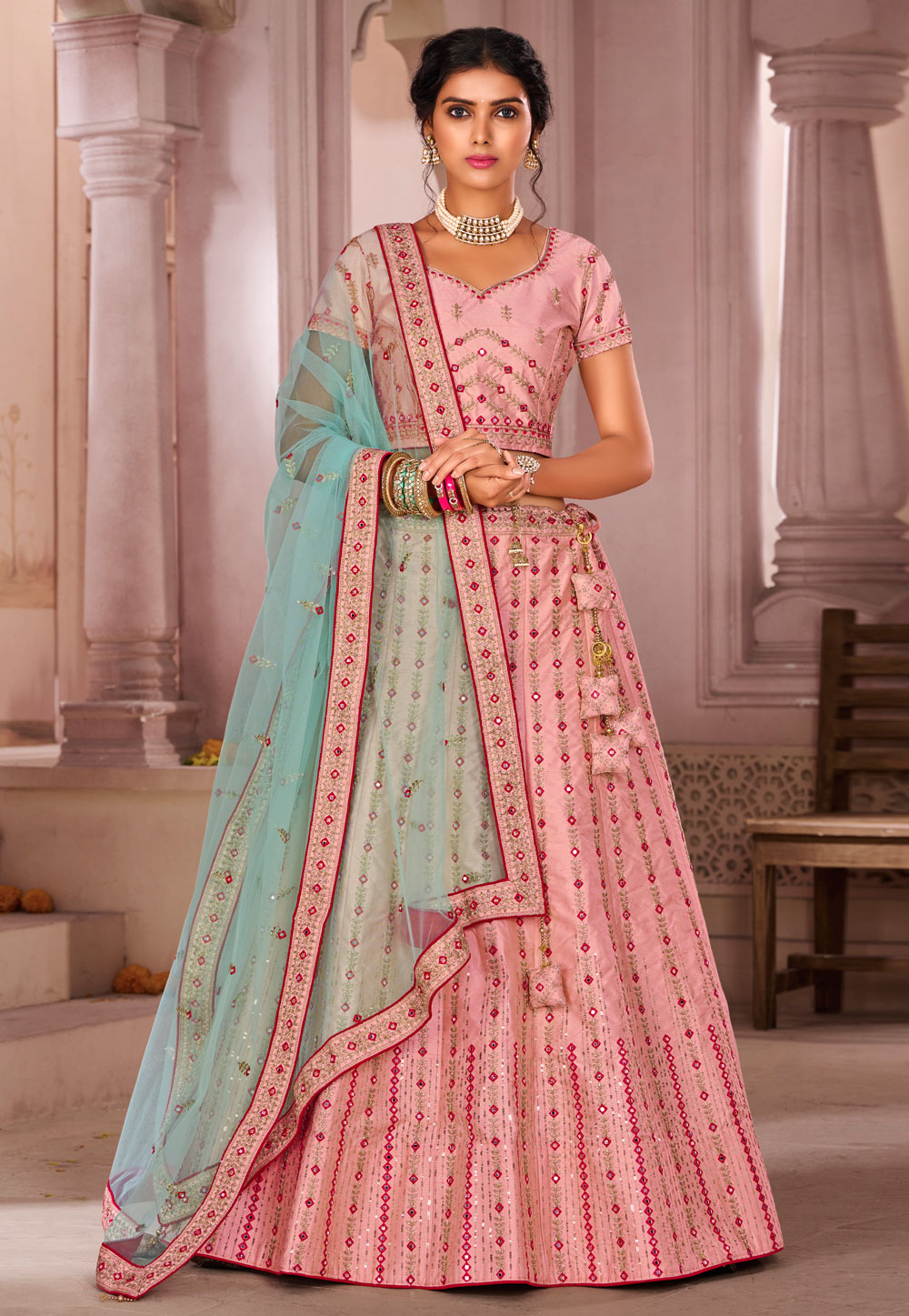 Buy Lemon green Banarasi silk wedding lehenga choli in UK, USA and Canada