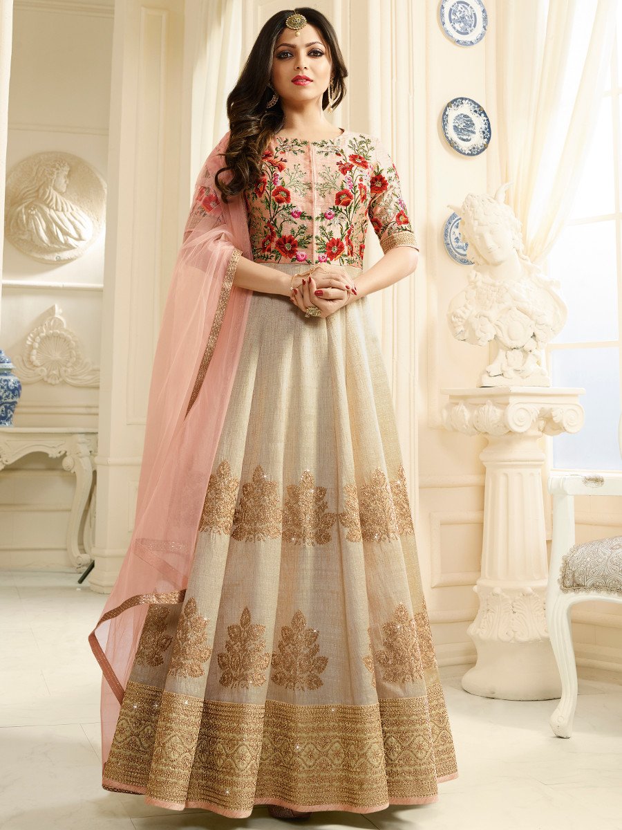 Buy Drashti Dhami beige and peach silk party wear anarkali kameez in UK ...