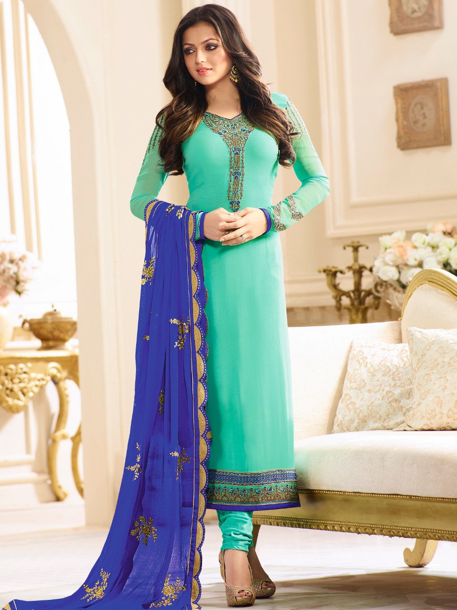 Buy Drashti Dhami sea green color party wear anarkali kameez