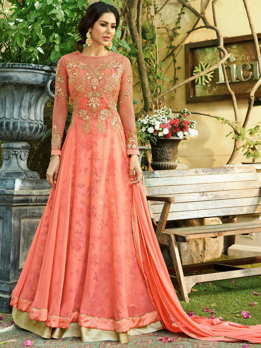 Peach georgette wedding anarkali z506