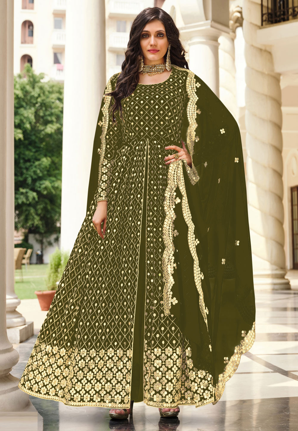 Georgette abaya style Anarkali suit in Mehndi colour 2071B