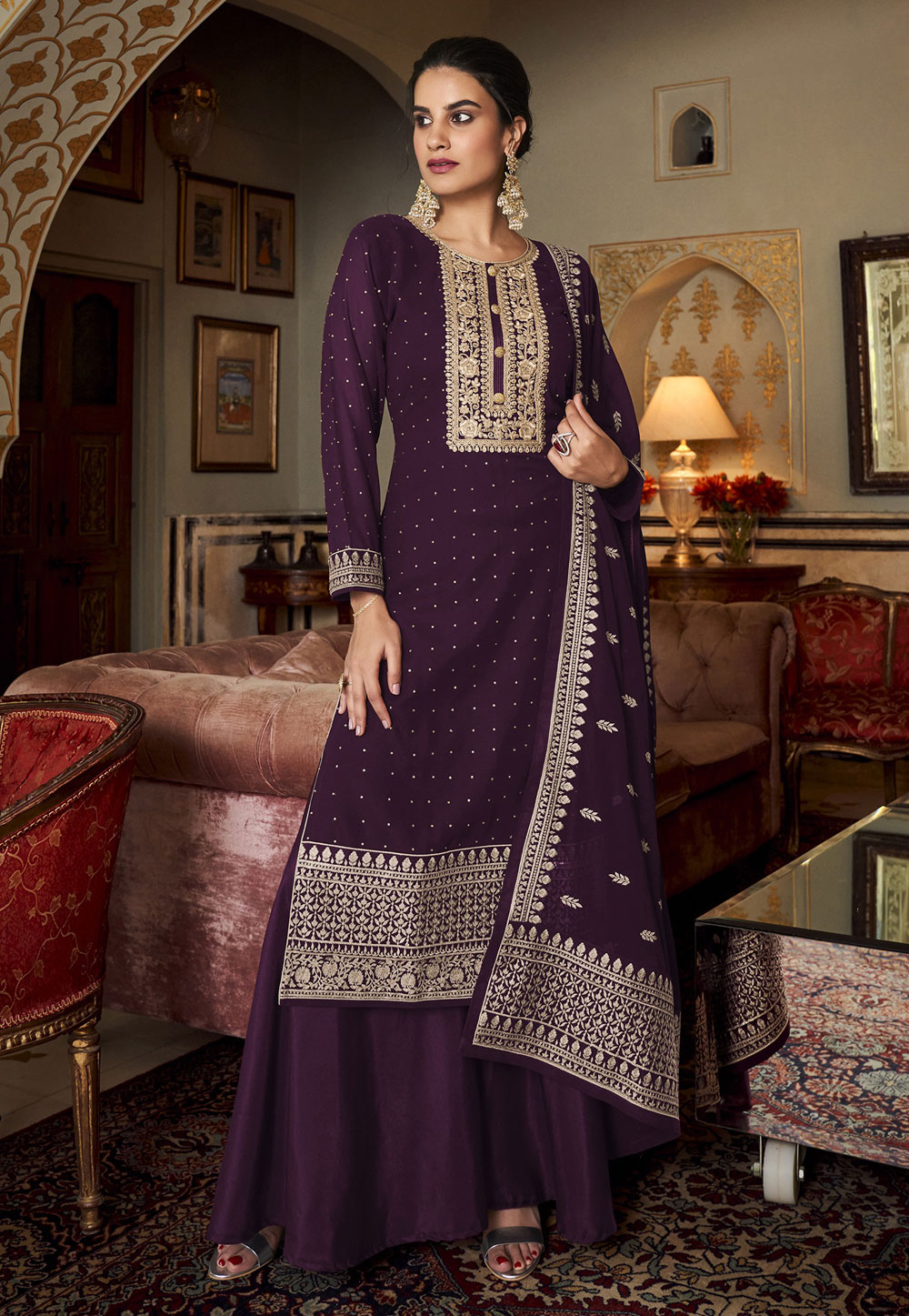 Buy Purple Beautiful Partywear Kurta Plazo Sharara Set With Dupatta,  Pakistani Designer 3 Piece Salwar Kameez for Weddings Readymade Dresses  Online in India - Etsy