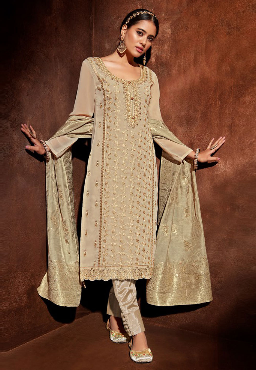 Georgette pant style suit in Beige colour 2205