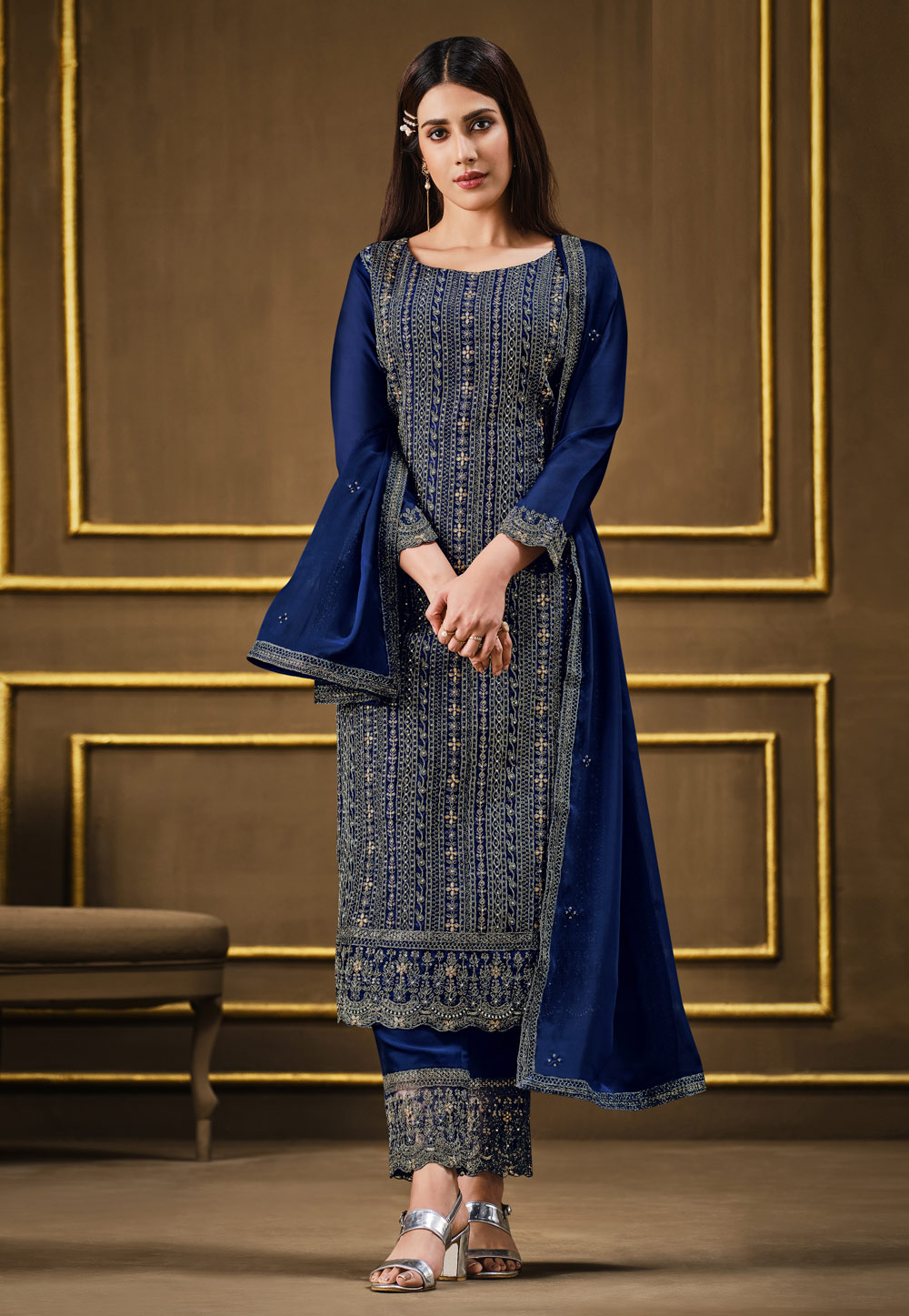 Fashion Basket Women's Silk Straight Blue Salwar Suit Set : Amazon.in:  Fashion