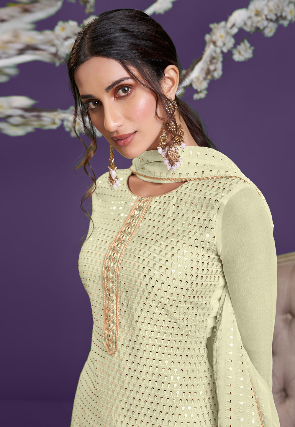 Georgette sharara suit in Pista green colour 2038
