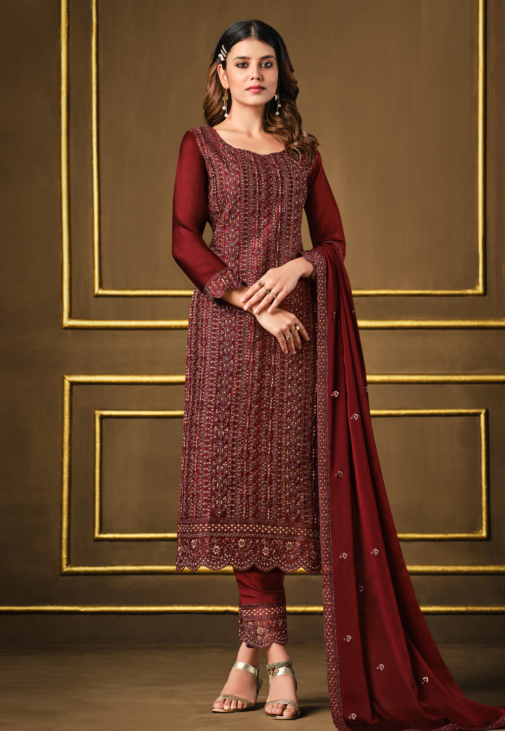 Maroon Georgette #Sharara Style #Shalwar #Kameez #nikvik #usa #designer  #australia #canada #freeshippi… | Dress materials, Designer suits, Salwar suits  party wear