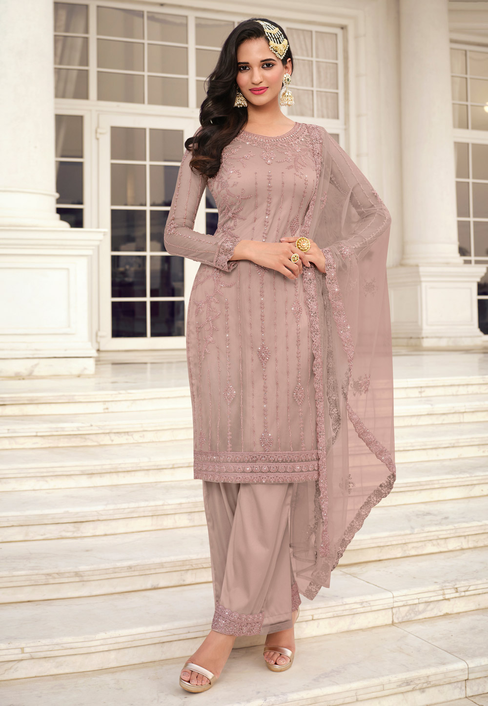 Net Embroidery Palazzo Pant Suit In Baby Pink Colour - SM4452429