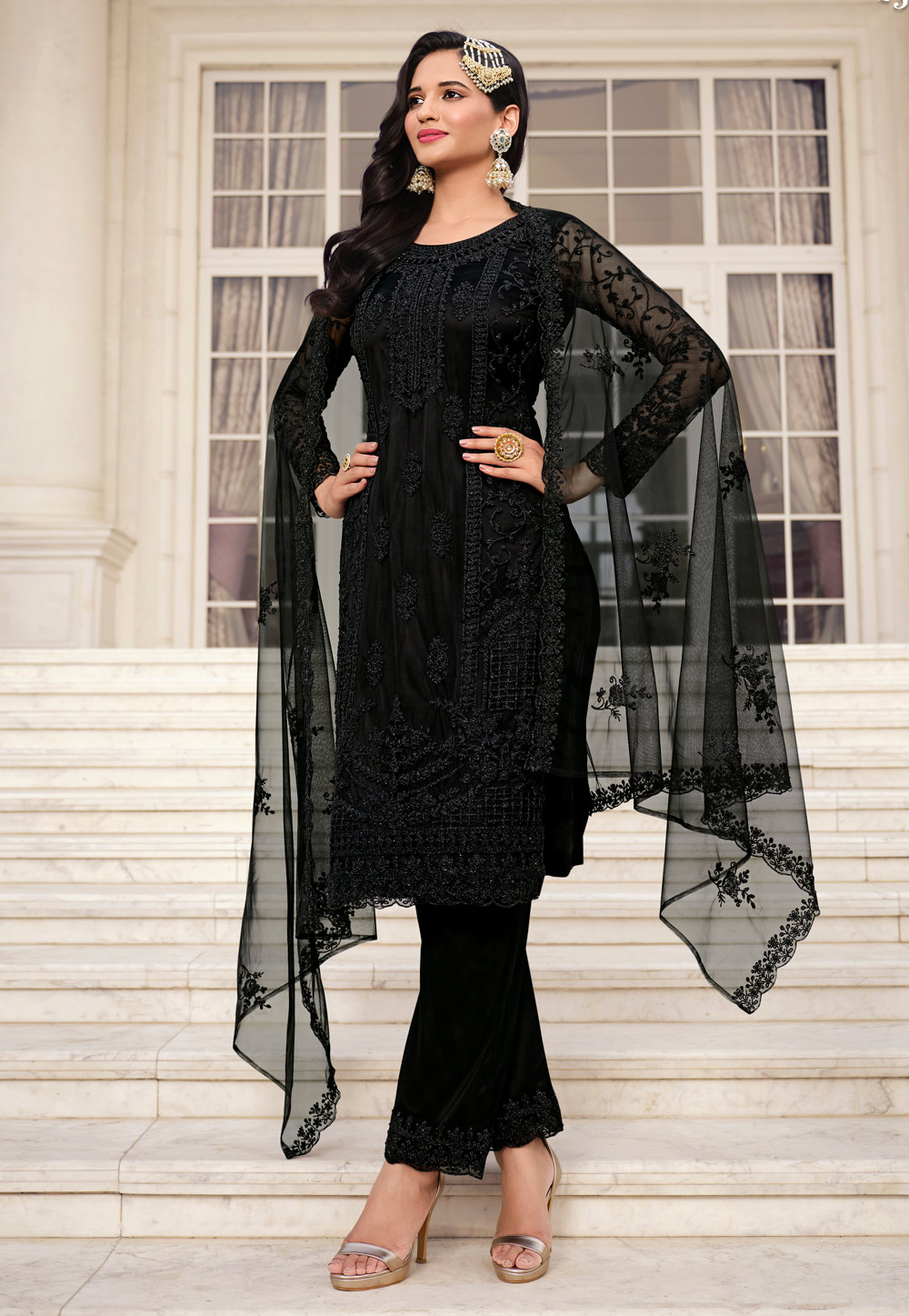 Buy WOOLFOOL CREATION® Women's Net Semi Stitched Anarkali Salwar Suit  (pakistanisuit_EK201112 Black Free Size) at Amazon.in