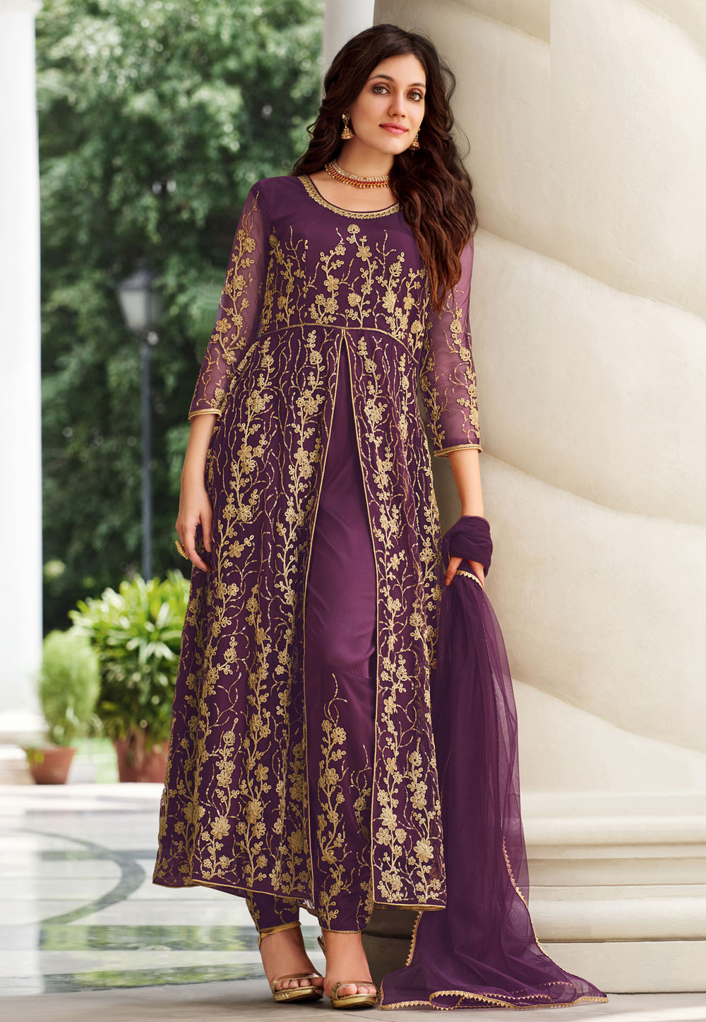 Buy Lavender Purple Georgette Embroidered Trouser Suit LSTV120726