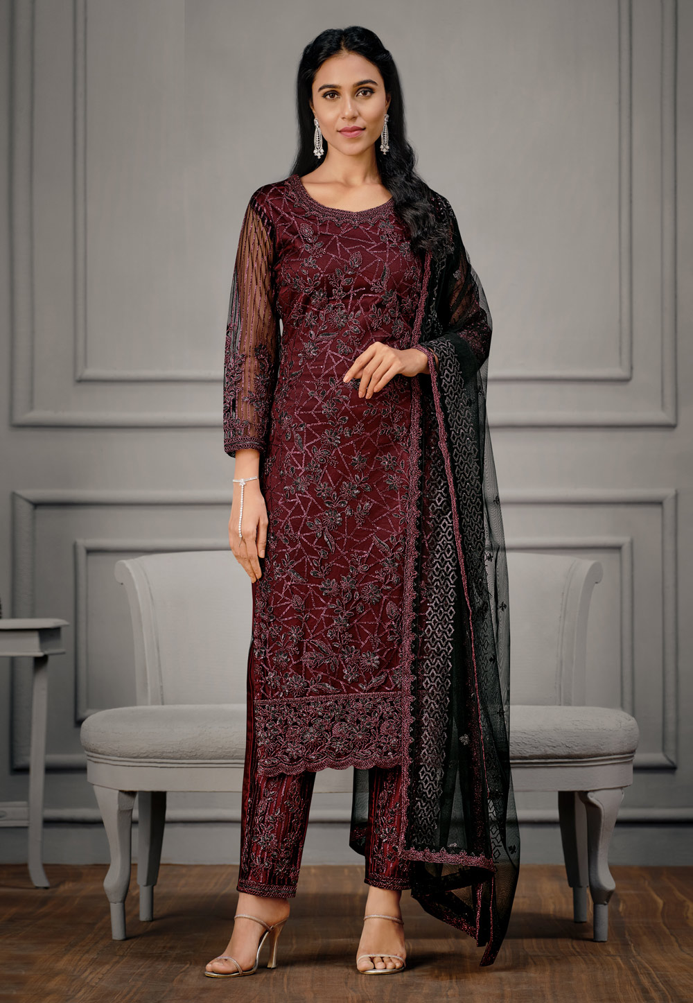 Net pant style suit in Wine colour 4922