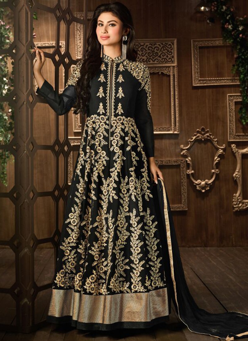 Party wear anarkali | Black and gold color georgette embroidered party ...