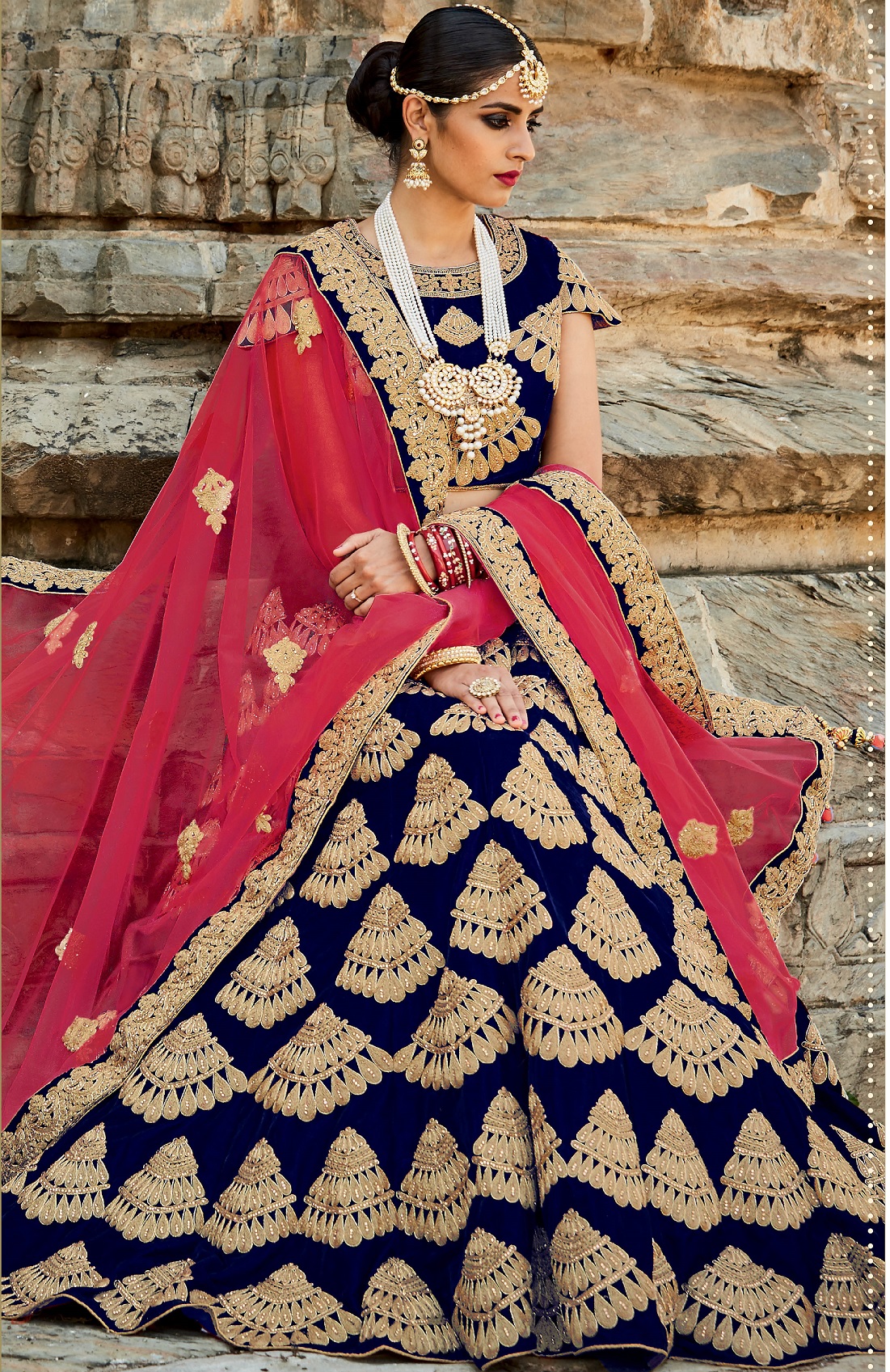 pink and blue bridal lehenga