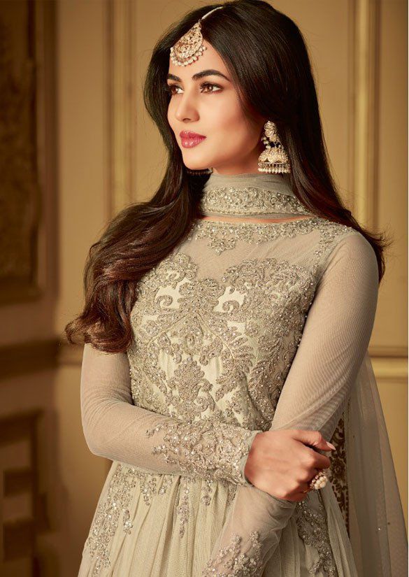 Buy Sonal Chauhan Beige Net Wedding anarkaliin UK, USA and Canada