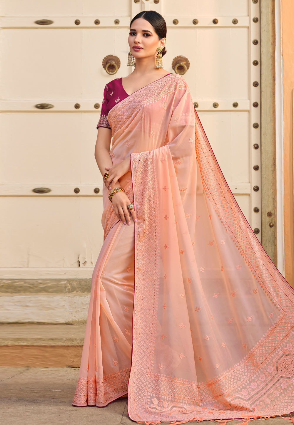 Buy Peach Chiffon Embroidered Lace V Neck Pre-draped Saree With Blouse For  Women by Abbaran Online at Aza Fashions.