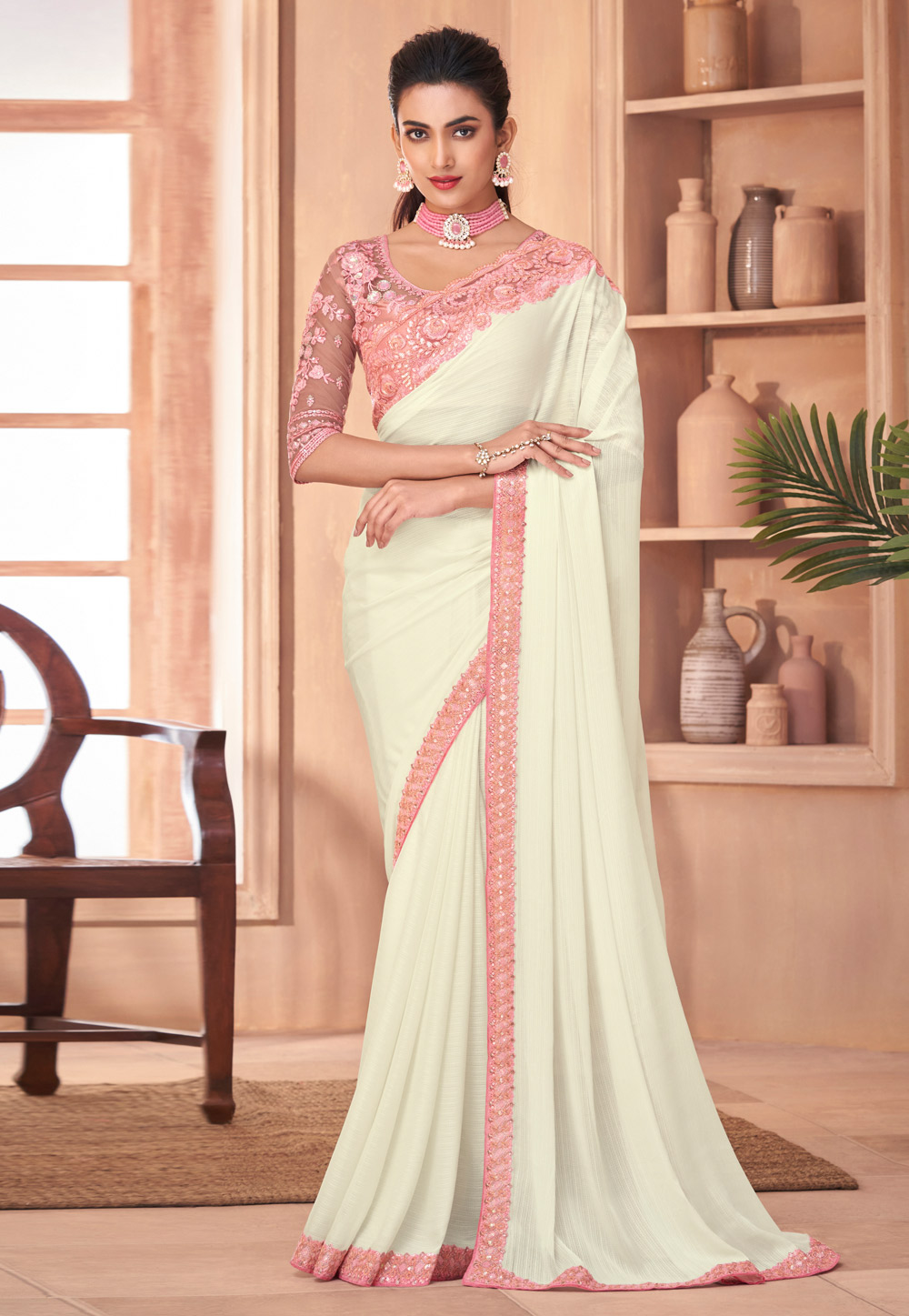 Silk Saree with blouse in Cream colour 1105