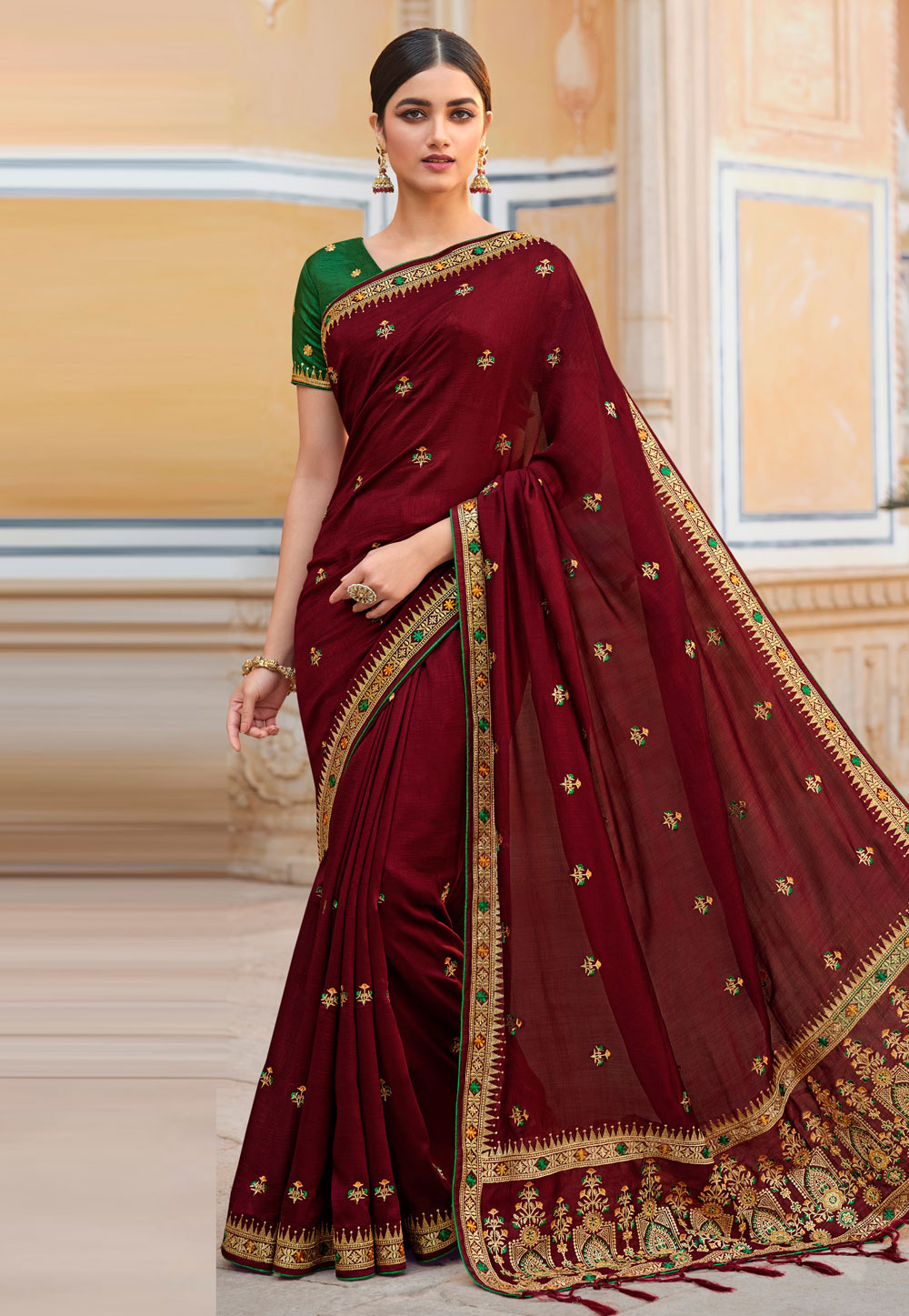Maroon saree with contrast blouse 2025