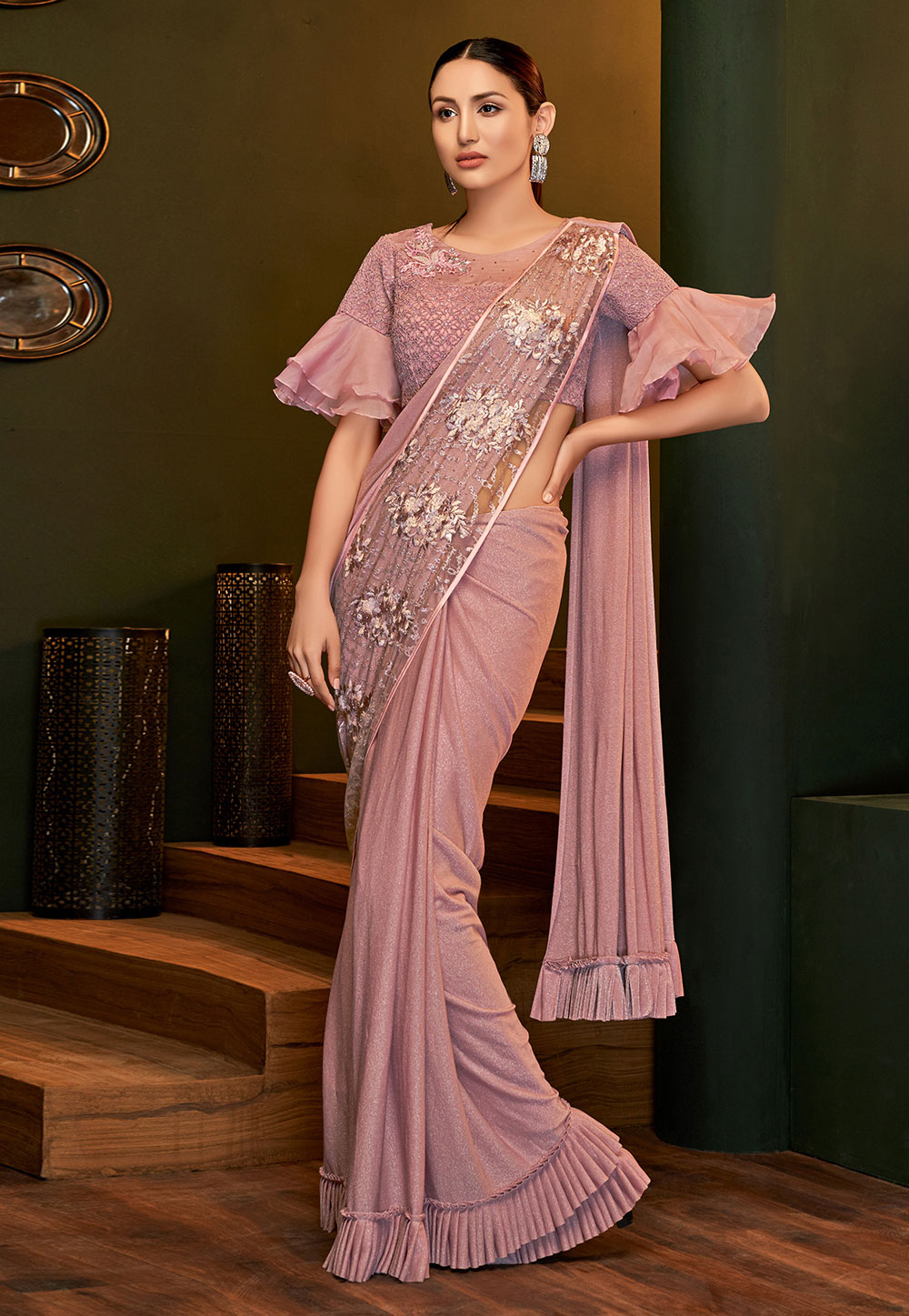 Buy Pink bemberg Lucknowi designer party wear saree in UK, USA and Canada |  Saree designs, Party wear sarees, Chiffon saree