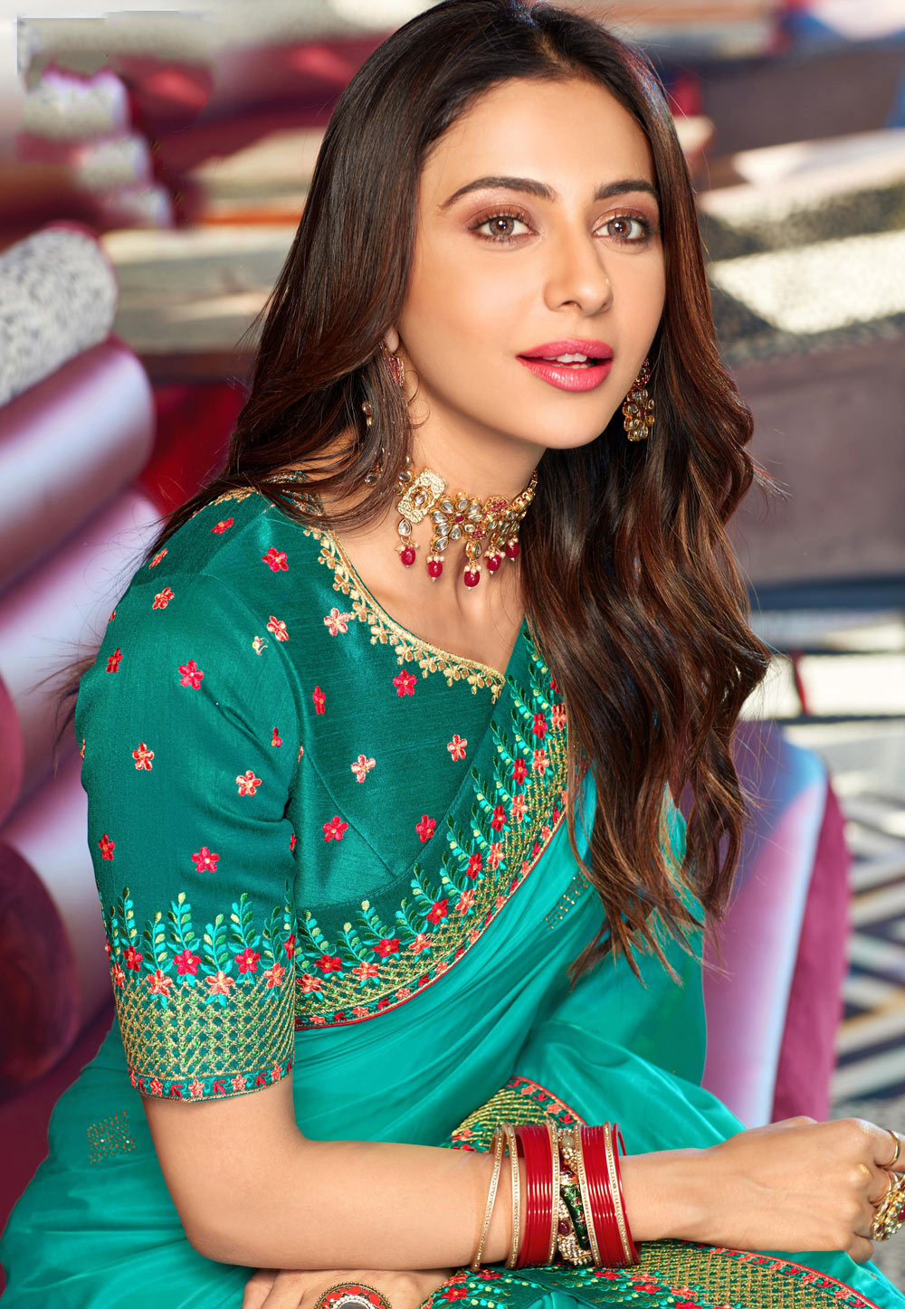 Rakul preet singh turquoise satin saree with blouse 2007