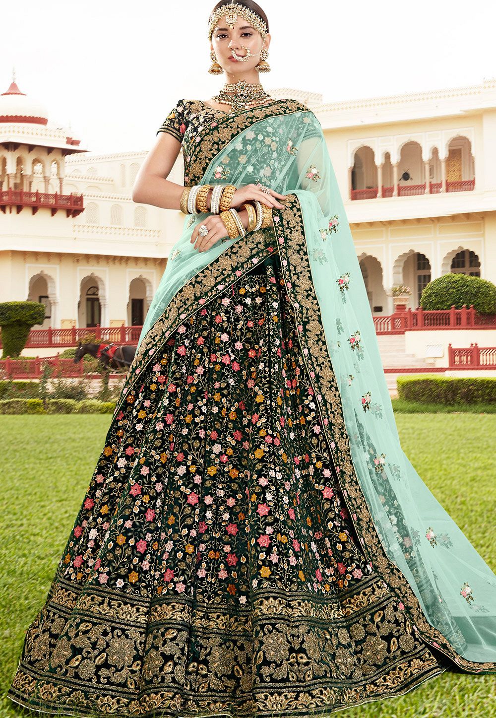 Buy Bottle green velvet wedding lehenga ...