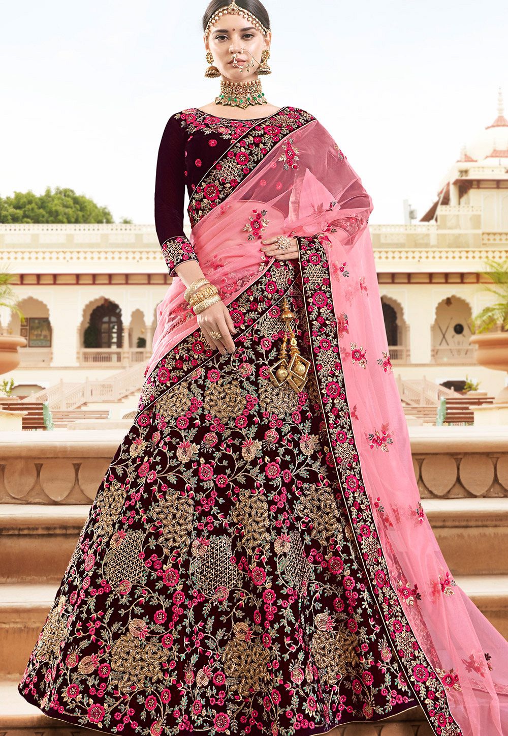 maroon bridal lengha