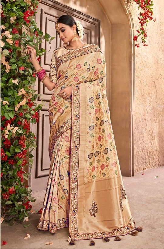 Buy Gold and cream Banarasi pure silk wedding wear saree in UK USA and Canada