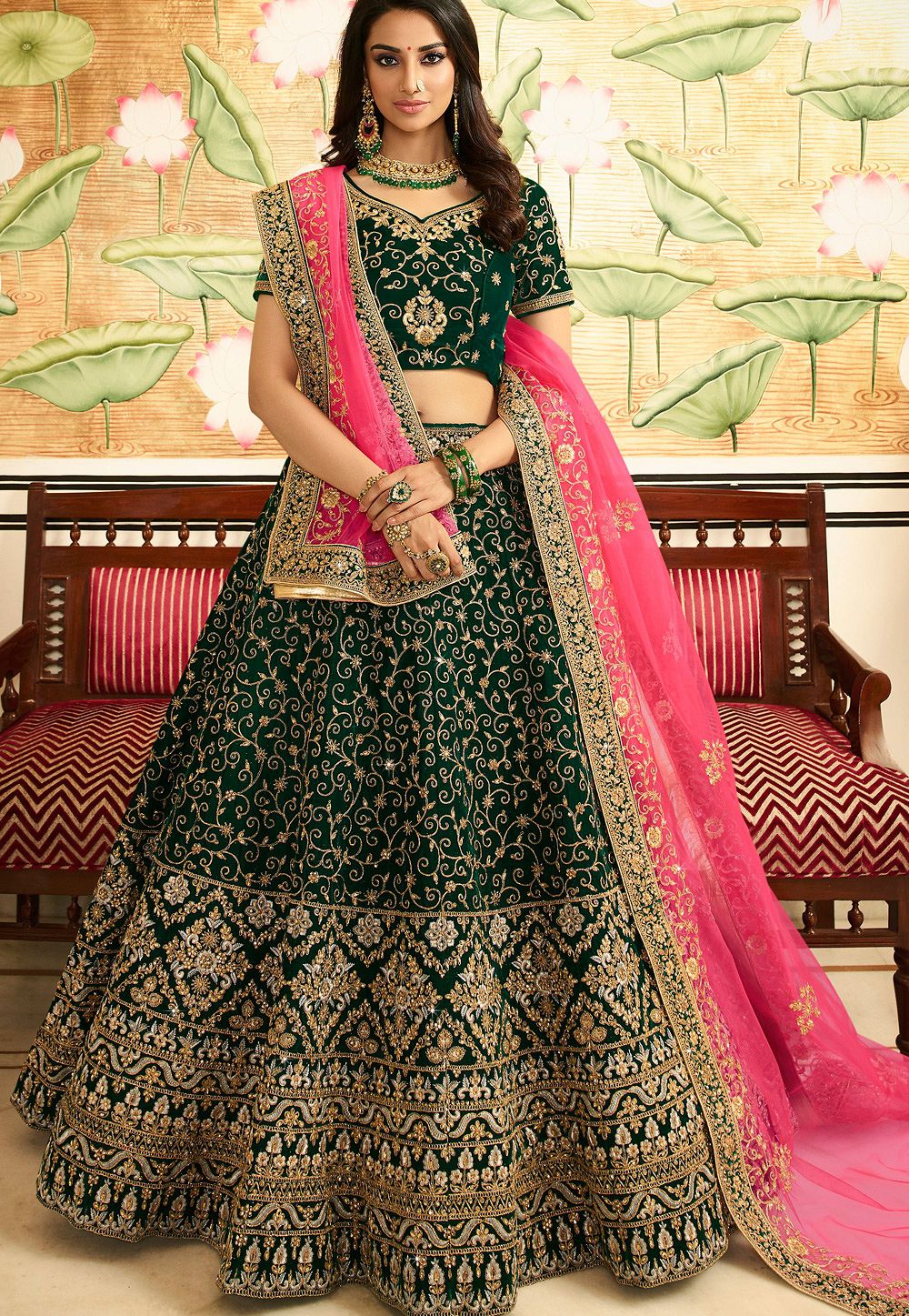 Gold Bridal Lehenga Choli Chunri Designer Nikah Wedding Lengha Velvet Dress  Sari | eBay