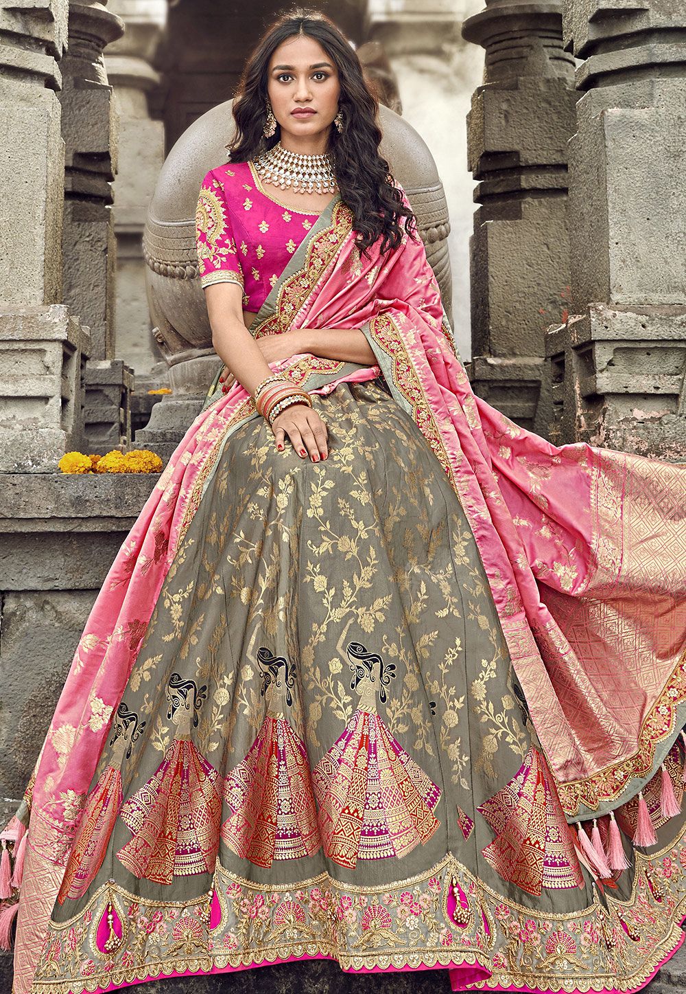 Grey Pink Banarasi Silk Traditional Lehenga Choli 3705