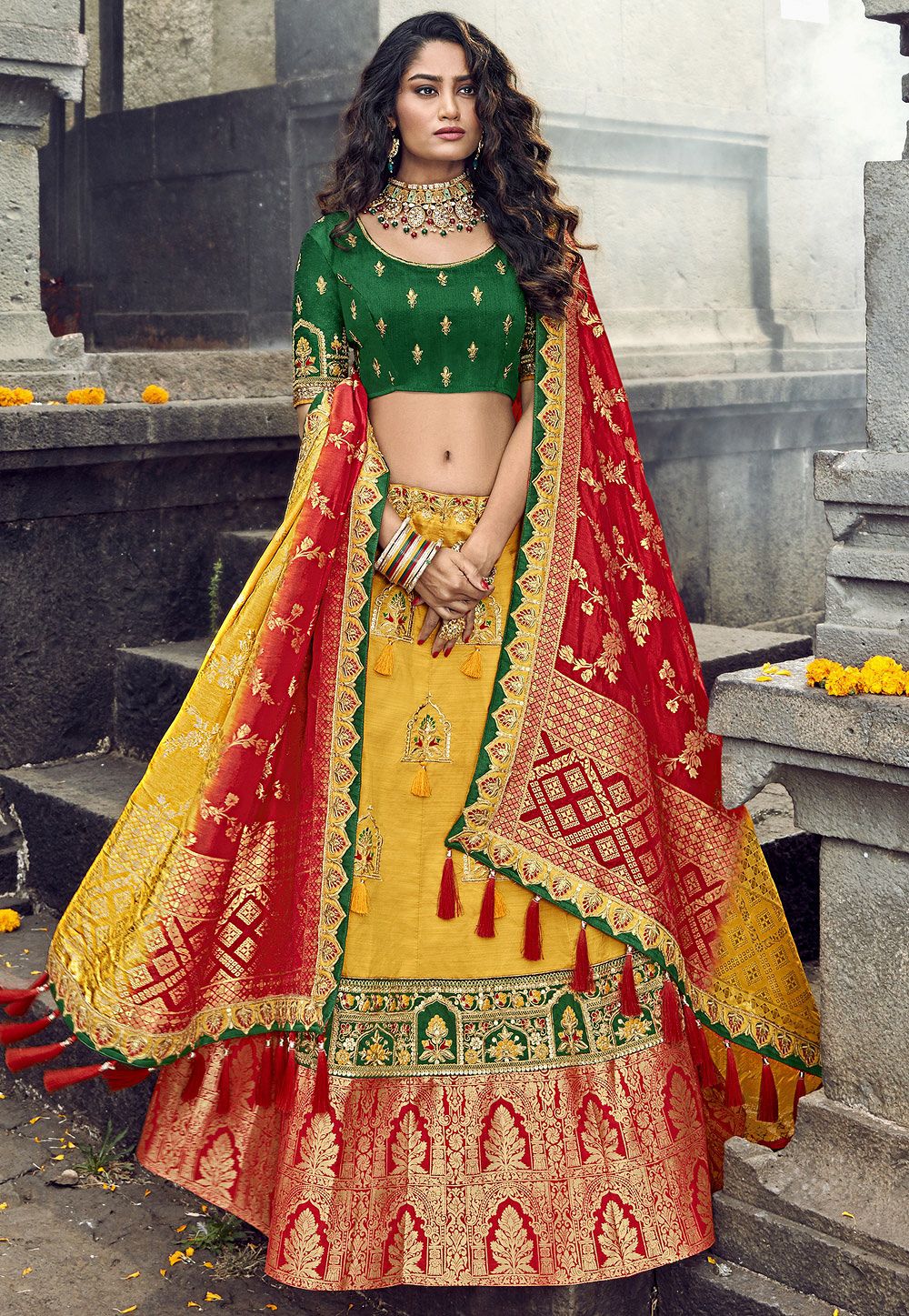 Green Silk Beads Lehenga Choli buy from India -