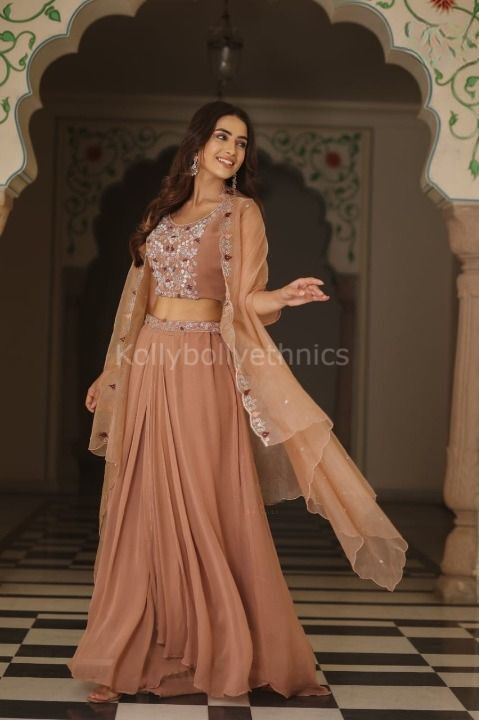 WINE RUFFLE SLEEVES CROP TOP & LAYERED LEHENGA SET – Estie Couture