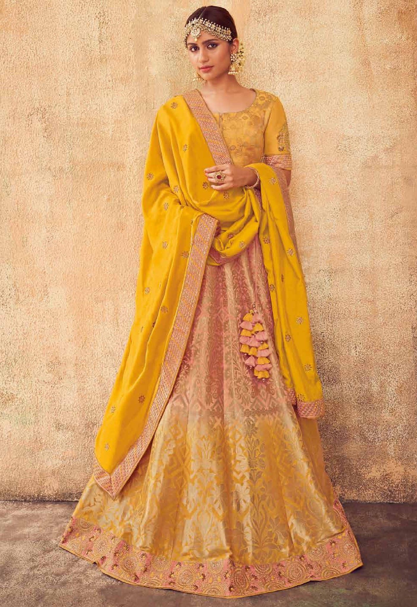 Buy Blush and Yellow color  Indian  silk wedding  lehenga in UK USA and 