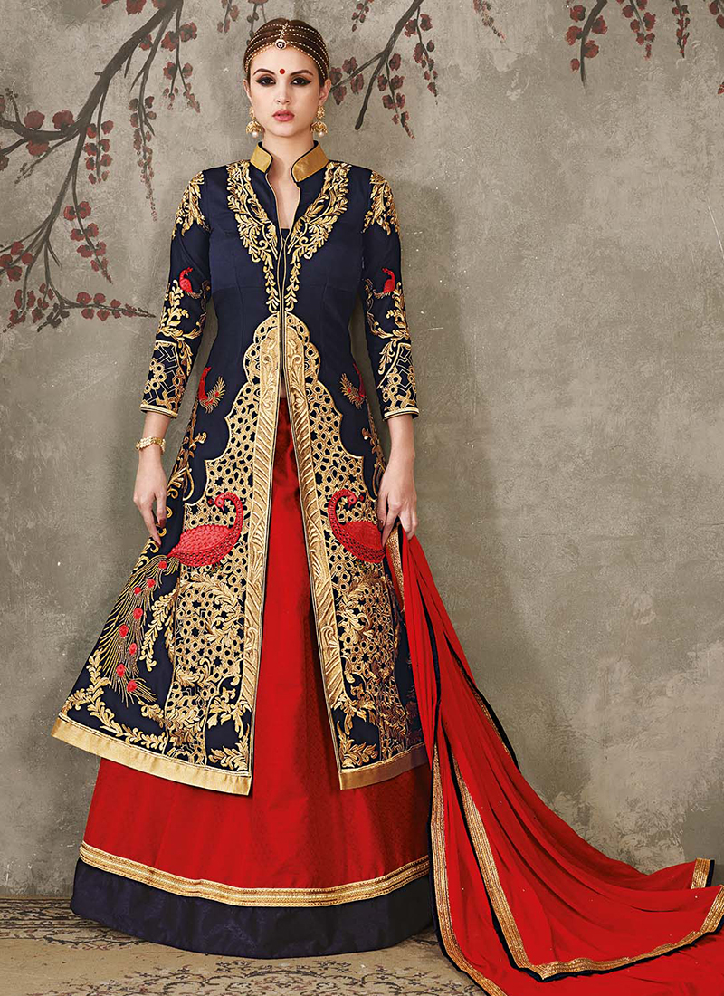 red and navy blue bridal lehenga