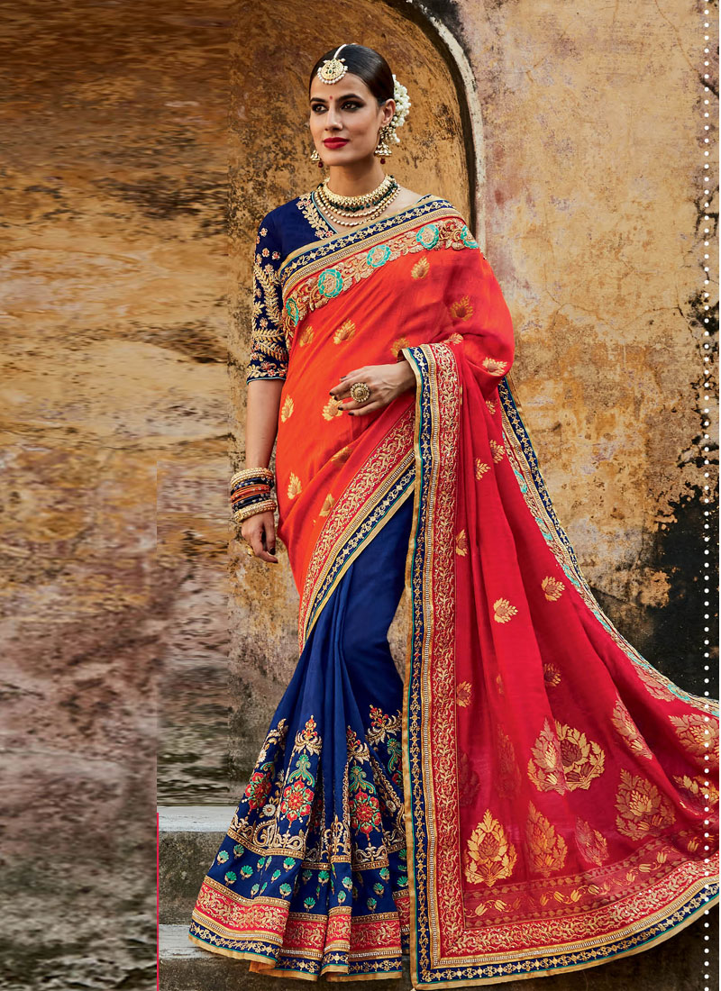 Buyroyal Blue And Orange Jacquard Silk Indian Bridal Saree In Uk