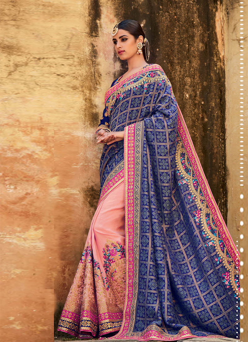 Blush Pink And Navy Blue Jacquard Gadhchola Indian Wedding Saree