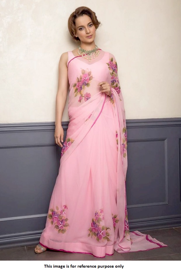 Buy Bollywood Kangana Ranautt Organza print pink saree in UK, USA and Canada