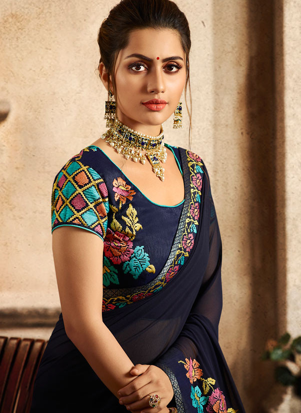 midnight blue saree with embroidered blouse 6163