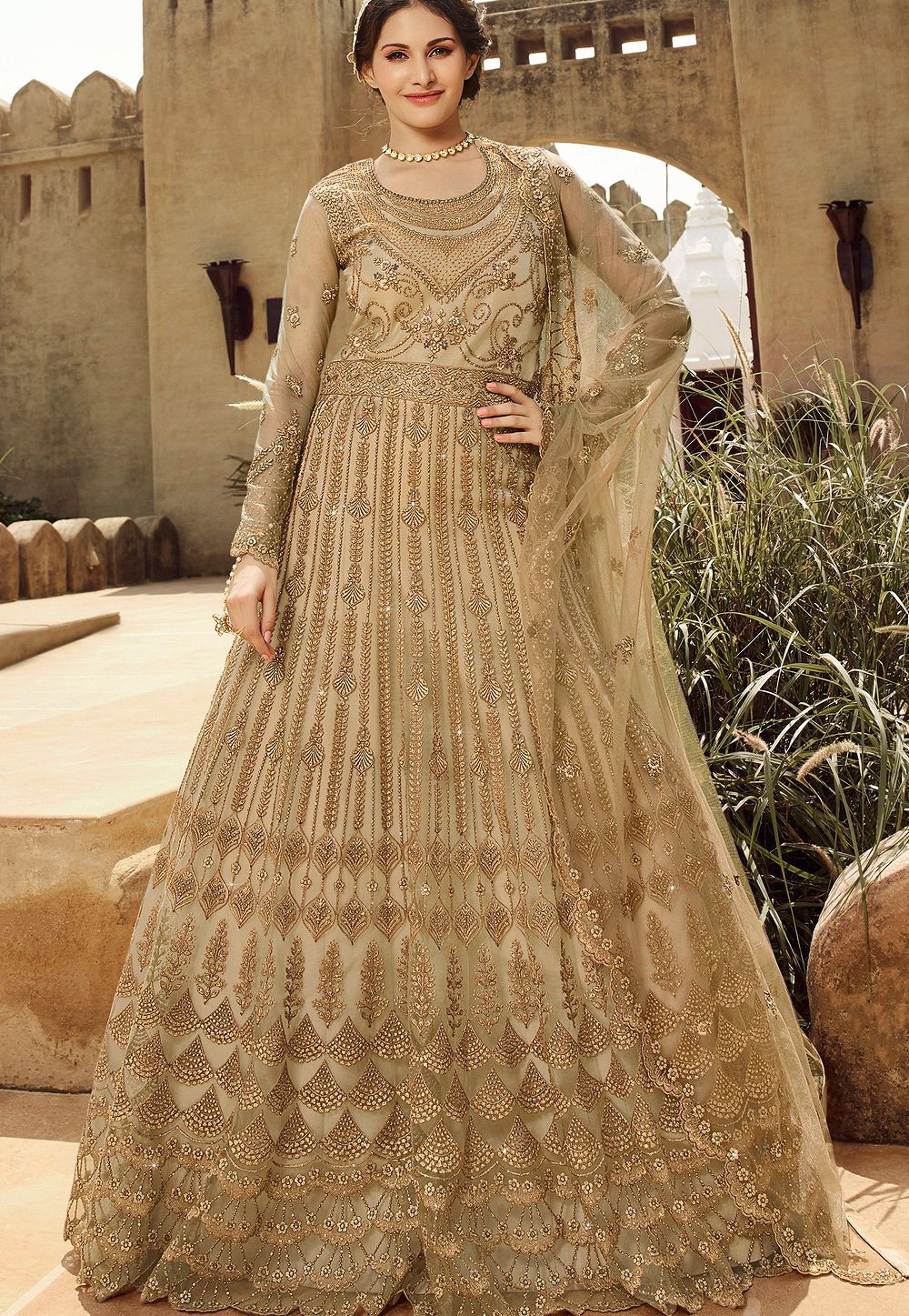 Light Beige Embroidered Brocade Silk Anarkali Set