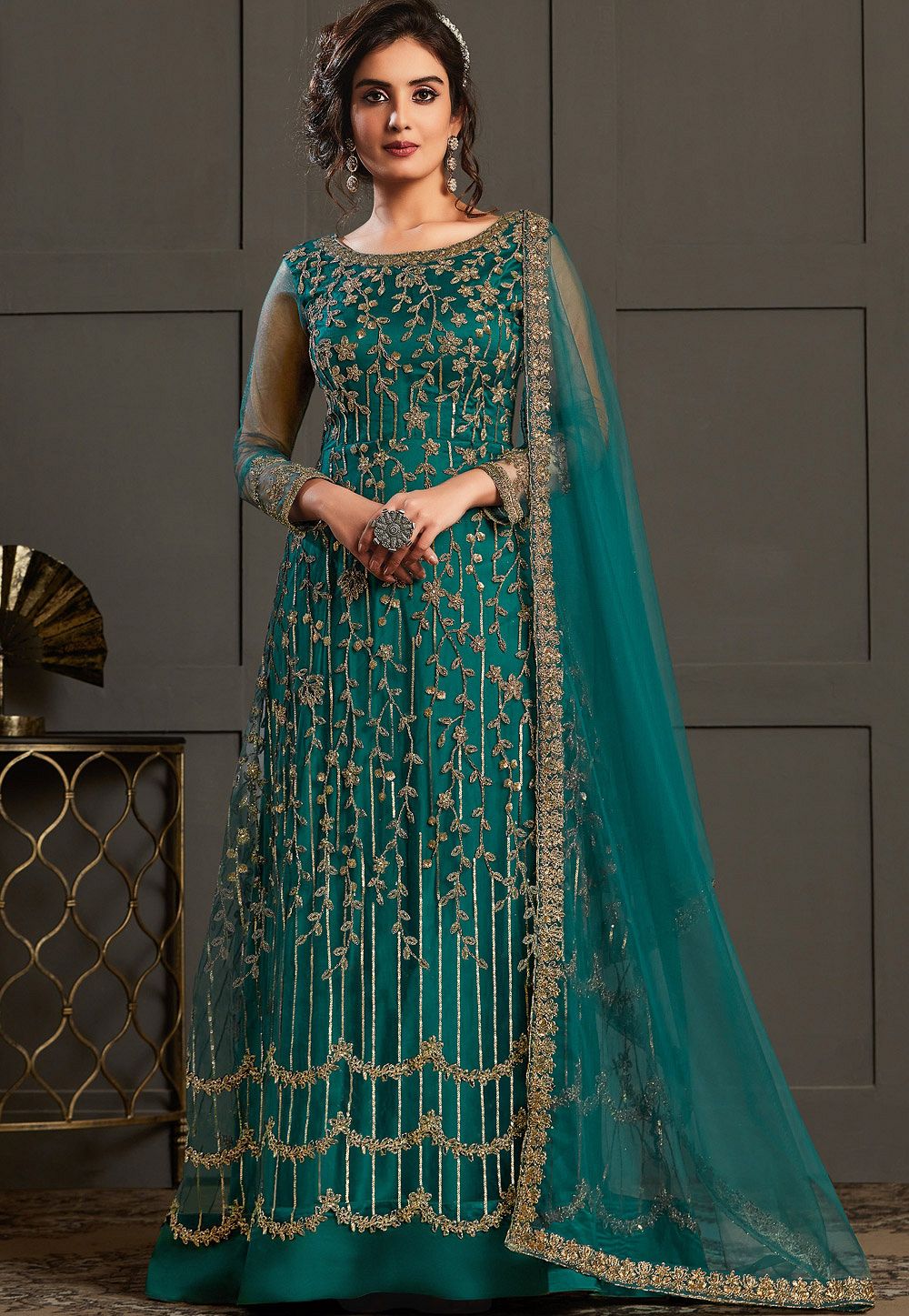 blue net embroidered long abaya suit 4595