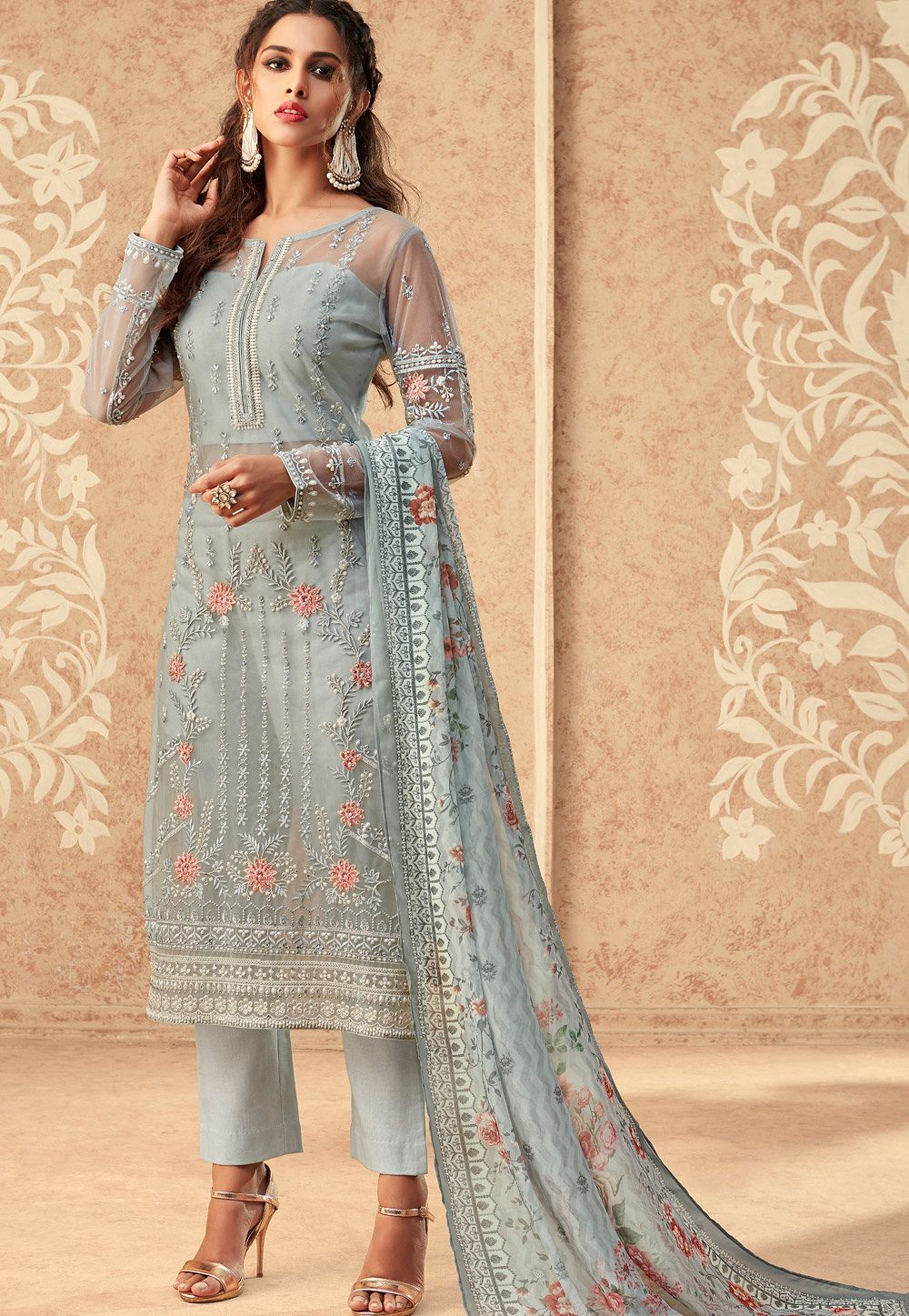 Buy Beige Color Net Fabric Trouser Suit with Lace Border Online  SALV3518   Appelle Fashion