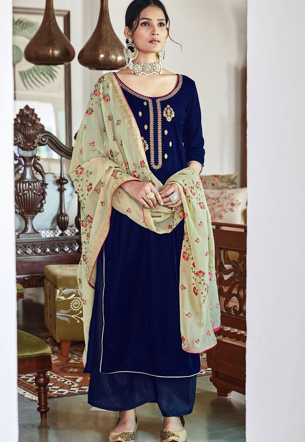 Shop Teal Velvet Embroidered Palazzo Suit Party Wear Online at Best Price |  Cbazaar