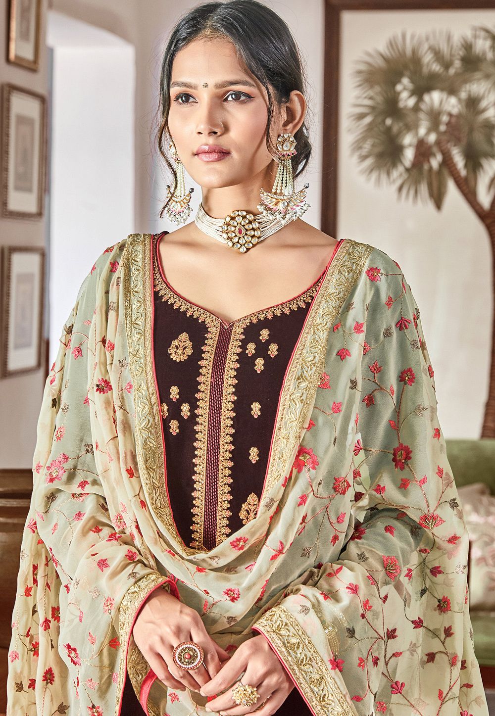 brown velvet embroidered palazzo suit 9105