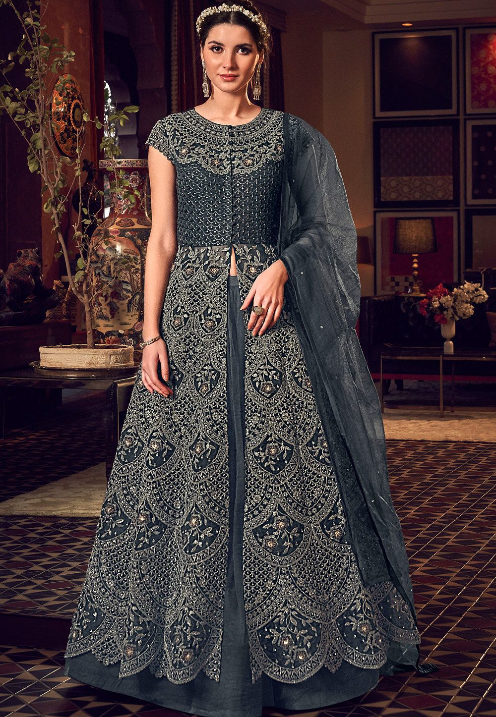 Shop Grey Net Embroidered Anarkali Suit Party Wear Online at Best Price |  Cbazaar