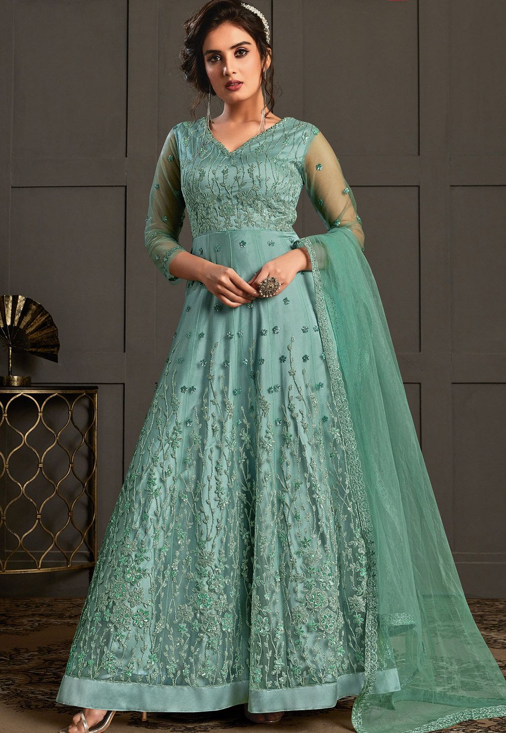 firozi net embroidered long anarkali suit 4598