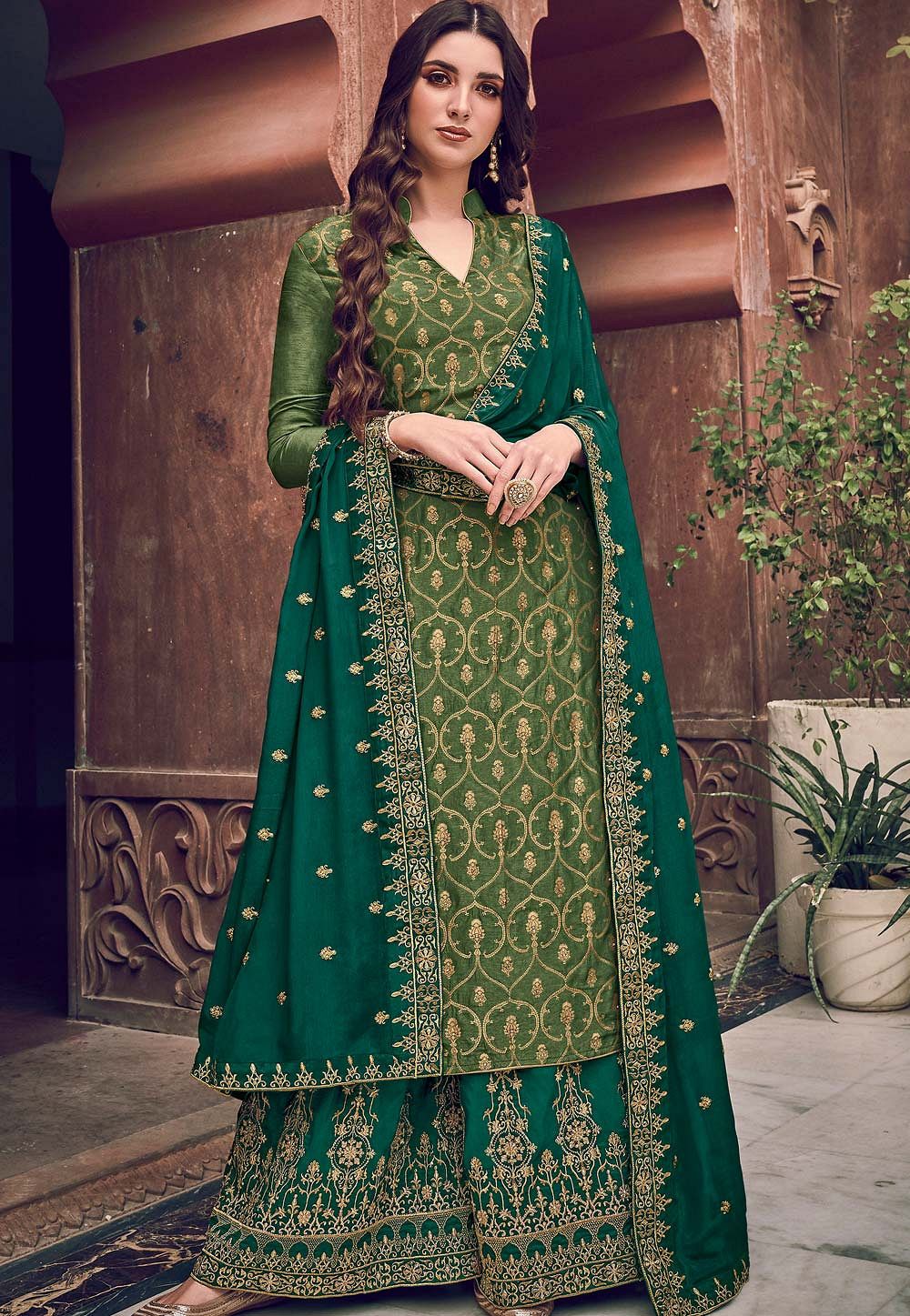 green jacquard embroidered palazzo suit 6703