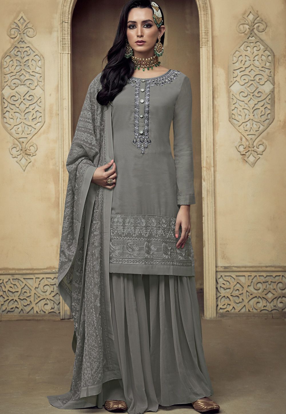 Grey Georgette Embroidered Sharara Pakistani Suit 8101