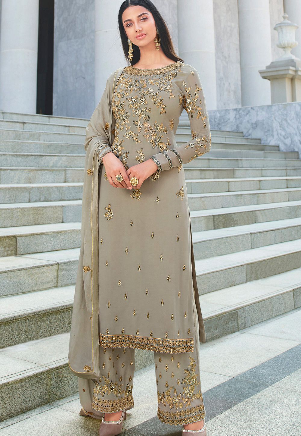 grey georgette embroidered straight trouser suit 18091