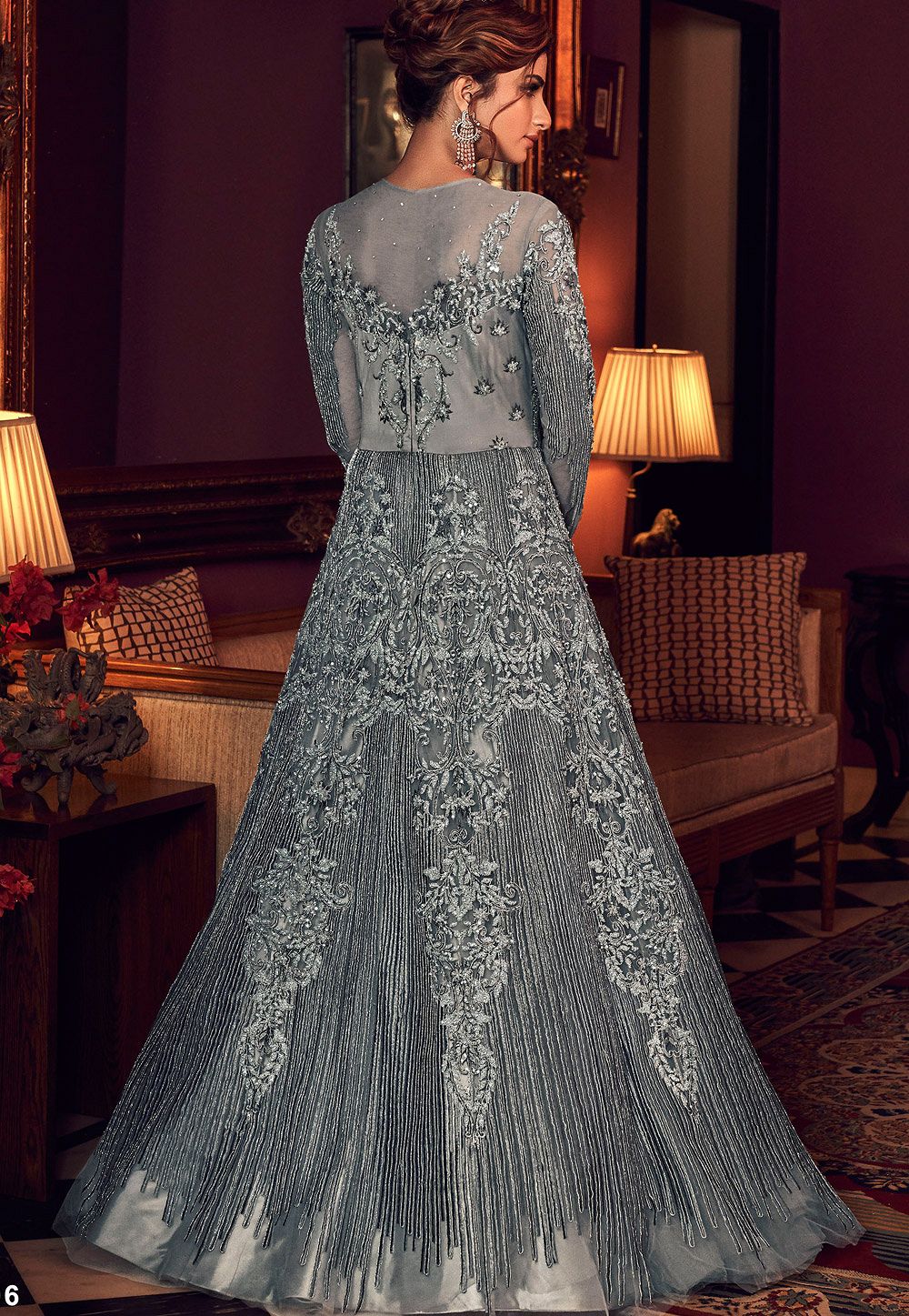 Buy Embroidered Net Designer Gown in Grey Online : 140219 -