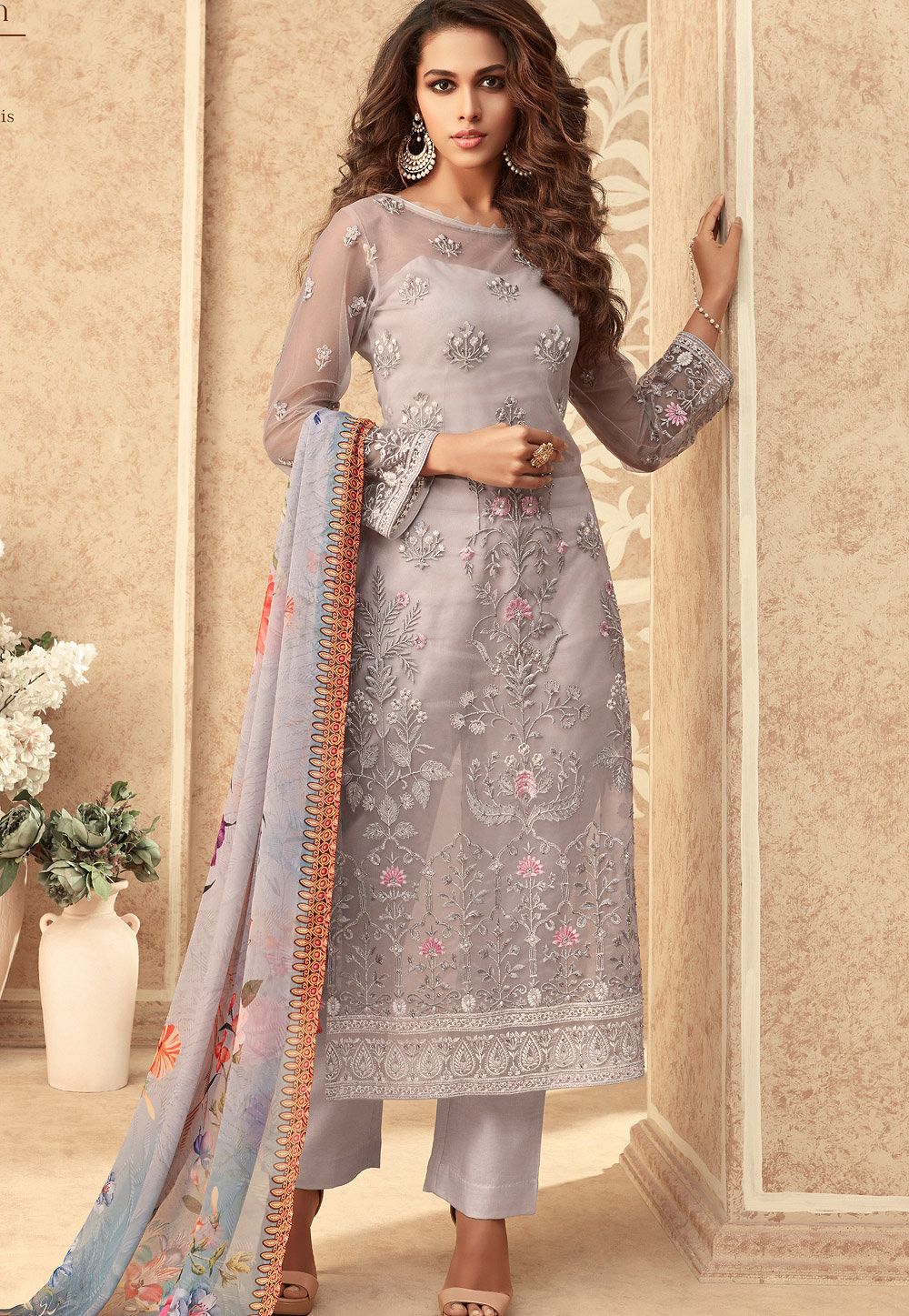 grey net embroidered straight trouser suit 36001